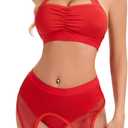 Women's Rave Outfits : 3Pcs Fishnet Lingerie Set with Cutout Top, Booty Shorts & Choker for Festival or Babydoll Nightwear (Red, M)