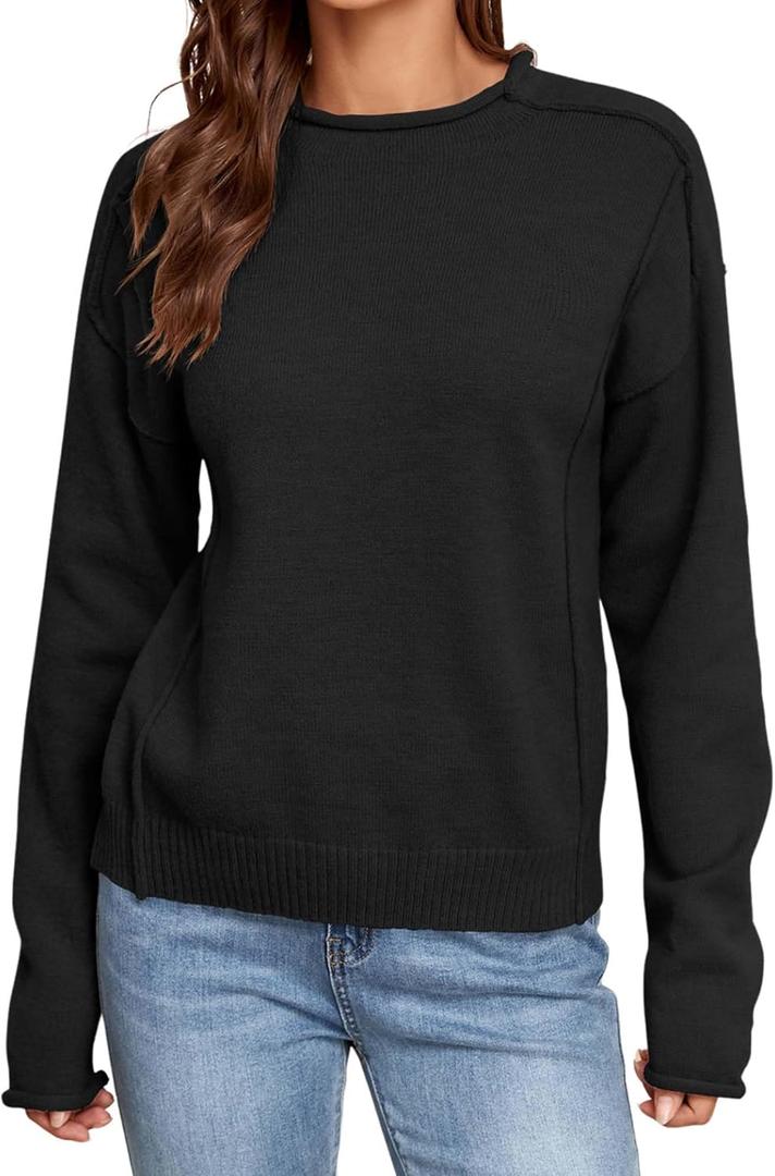 ZAFUL Women's Mock Neck Sweater Long Sleeve Ribbed Knit Basic Cropped Pullover Sweater (Black, L)