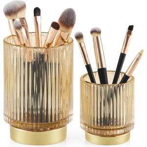 CANITORON Makeup Brush Holder,2 Pack Glass Makeup Brush Holder Organizer Store Cosmetic Tools,Eyeliner,Storage Organizer for Vanity,Bathroom and Bedroom Countertop Storage.(Amber S+L)