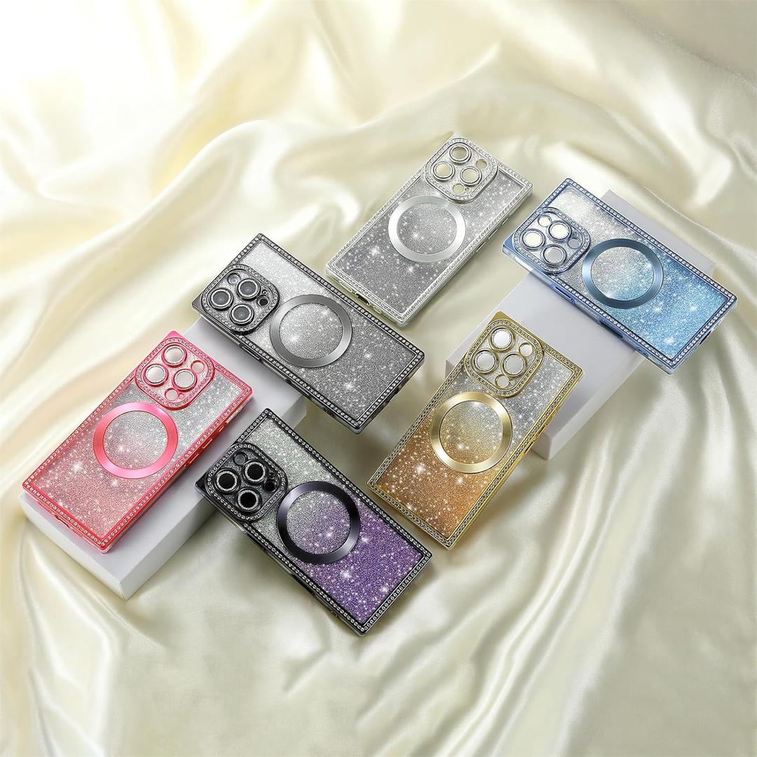 Misscase Magnetic Glitter Case for iPhone 16 Pro 6.3 Inch, Camera Protection, Compatible with MagSafe, Rectangle Cute Bling Sparkle Diamond Colorful Phone Cover, Drop Tested & Shock proof Hot Pink