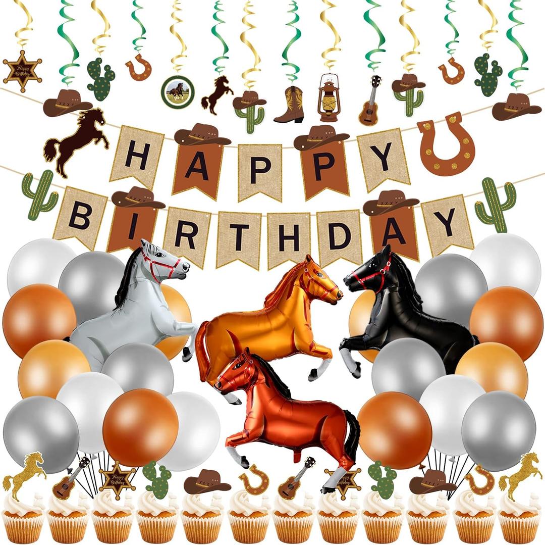 Zhanmai 60 Pcs Cowboy Birthday Party Decoration, Western Themed Party Decorations Horse Balloons Happy Birthday Banner Cake Topper Hanging Swirls Brown White Latex Balloons for Western Rodeo Party