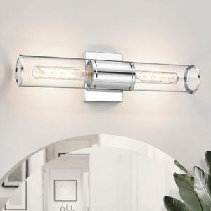 Bathroom Vanity Light Fixtures, Chrome Wall Lights in Clear Glass Indoor Wall Sconce, Modern Wall Light Up and Down Wall Mount Lamp for Bathroom, Bedroom, Hallway, Kitchen, VL834-CH-CL