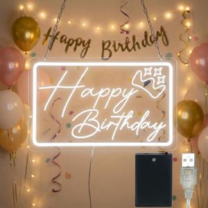 Happy Birthday Neon Sign – 16x9.8in 3D Carving LED Neon Light with 10-Level Dimming, USB/Battery Powered Light Up Sign for Birthday Party Decorations and Backdrop Wall Décor