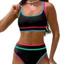 popvil Women's High Waisted Bikini Sets Neon Two Piece 2026 Swimsuit Sporty Adjustable Straps Bathing Suit (Medium, Black6)
