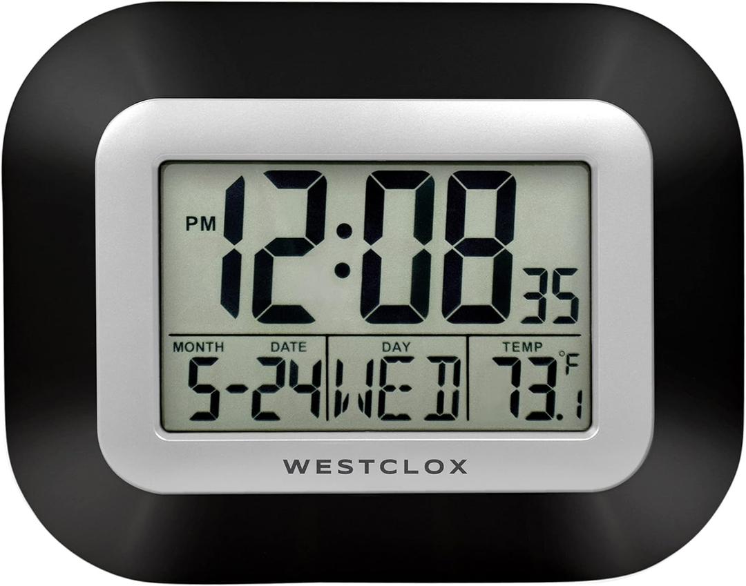 Westclox Large Digital Wall Clock Battery Operated with Temperature Date and Day of Week with Alarm | Modern Digital Desk Clock for Office Kitchen Bedroom or Living Room | Black (9")