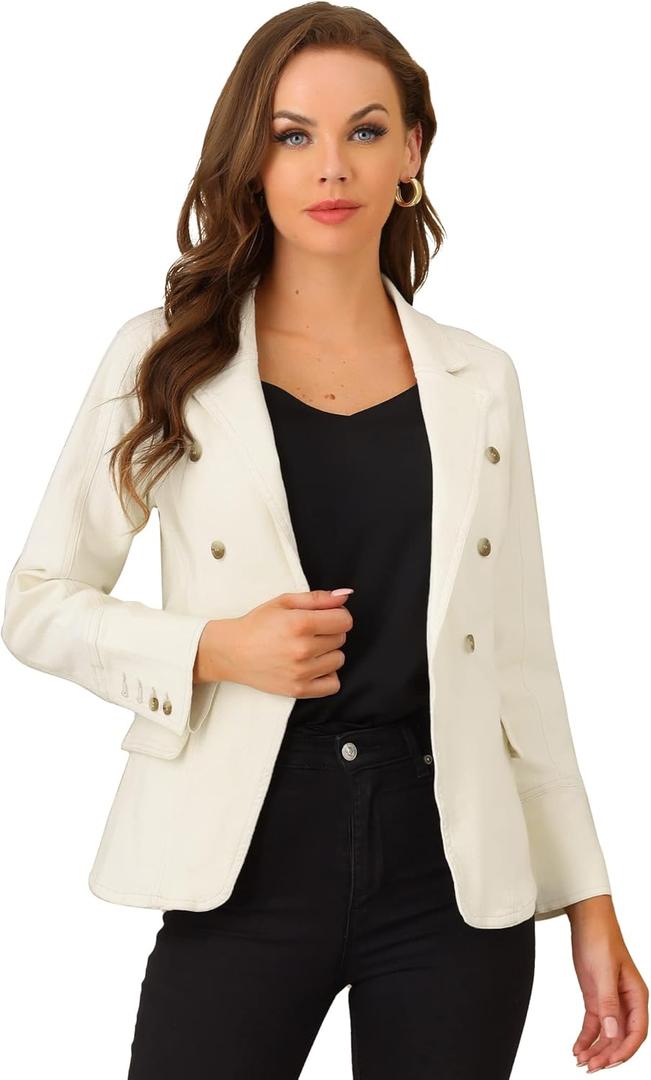 Allegra K Women's Jean Jacket Button Down Notched Lapel Long Sleeve Work Office Denim Blazer Jacket (Large, Apricot)