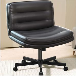 COMHOMA Cross Legged Office Chair with Wheels Armless Office Desk Chair, Modern Vanity Computer Task Chairs for Home Bedroom, Comfortable Wide Seat for Lower Back Pain Relief, PU Leahter, Black