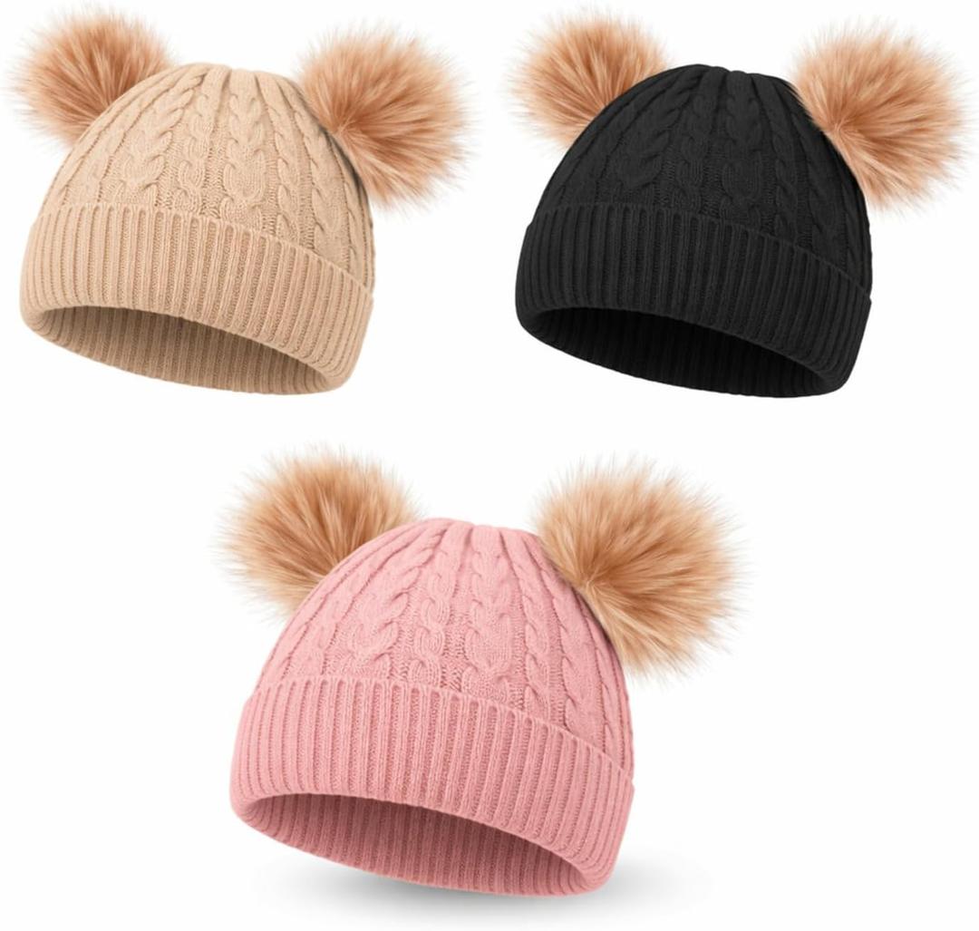 Geyoga Kids Toddler Winter Pompom Hat Baby Knitted Beanie Hat Faux Fur Pom Beanie Cap for Girls Boys 1-3 Years Old (Black, Pink, Khaki)