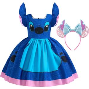 Girls Blue Princess Party Dress, Tropical Hawaiian Halloween Outfit for Kids, Cartoon Tulle Dress with Mouse Ears Headband (5-6 Years)
