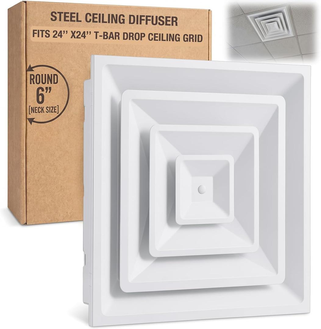 Fits 24 x 24 Inch Steel T-bar Drop Ceiling Grid, 6'' (Neck Size) Collar Drop Ceiling Grille, Air Supply Diffuser, White(3 Cone)