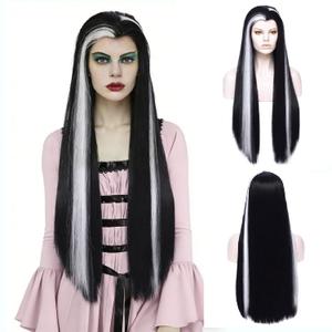 MORTICIA Long Straight Black and White Mixed Widow Peak Design Women Costume Wig