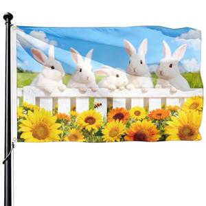 Happy Easter Bunny Rabbit Flag - 3X5 Ft Spring Sunflower Outdoor Flags for Holiday Decorations - with 2 Brass Grommets