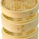 Bamboo Steamer Basket - Traditional Dumpling Steamer with Lid for Cooking Vegetables, Bao Buns, Fish & Meat (4" Two Tier)