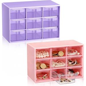Wenqik 2 Pcs Mini Storage Drawers Teacher Toolbox Organizer with 9 Clear Drawers Small Plastic Desktop Teacher Desk Craft Organizer for Classroom Office 7" x 3. 9" x 4. 7" (Purple, Pink)
