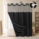 No Hook Shower Curtain and Snap in Liner Set Black Tufted Chevron Striped Cloth Waterproof Washable Fabric Boho Farmhouse Bath Curtain See Through Mesh Top Window for Bathroom Hotel 71" x 86"