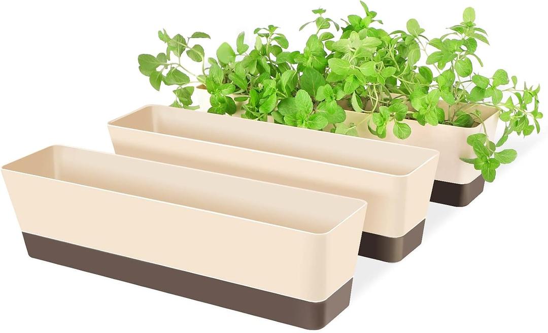 Suream Window Box Herb Planters, 6 Pack 16 x3.8 Inch Indoor Rectangle Succulent Cactus Plant Pots with Saucer, Modern Plastic Flower Container for Windowsill, Garden Balcony, Home Office Outdoor Decor