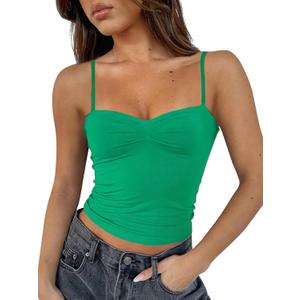 ForeFair Women Y2K Sweetheart Neck Sleeveless Crop Tank Tops Backless Spaghetti Strap Pleated Bustier Camis Going Out Top (Medium, Green)