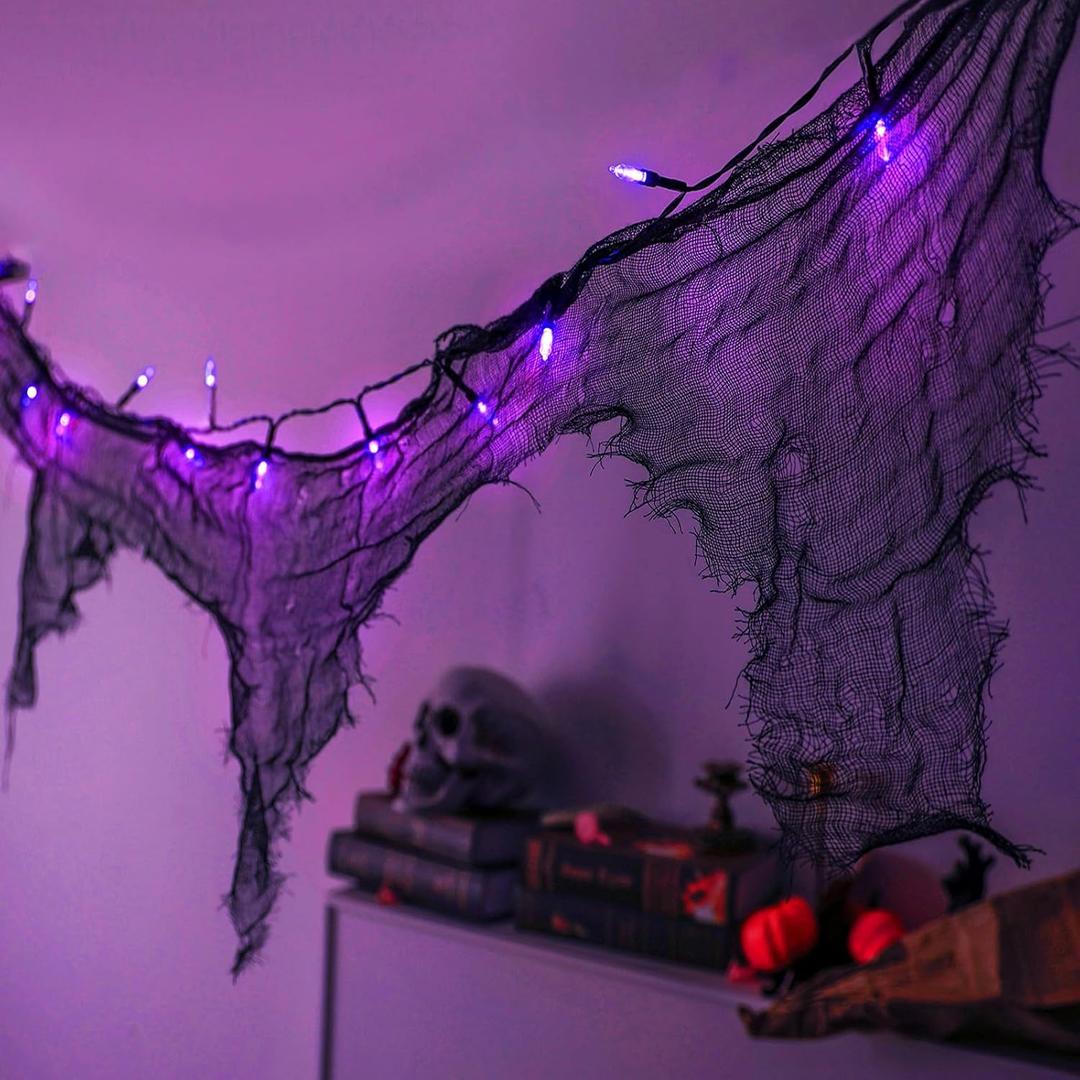 Gauze Garland Halloween String Lights - 30 LED 9.9Ft Battery Operated Light with Black Gauze Drape - Creepy Cloth Decor for Balcony Doorway House Mantle Party Staircase Window Decorations Purple