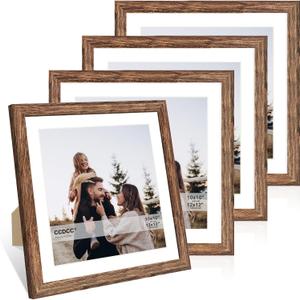 12x12 Picture Frame Set of 4, 12 x 12 Wood Photo Frames with Mat for 10x10 or 30x30cm Diamond Painting Art, Wooden Frame with Real Glass Cover for Wall and Tabletop Display,Rustic Brown
