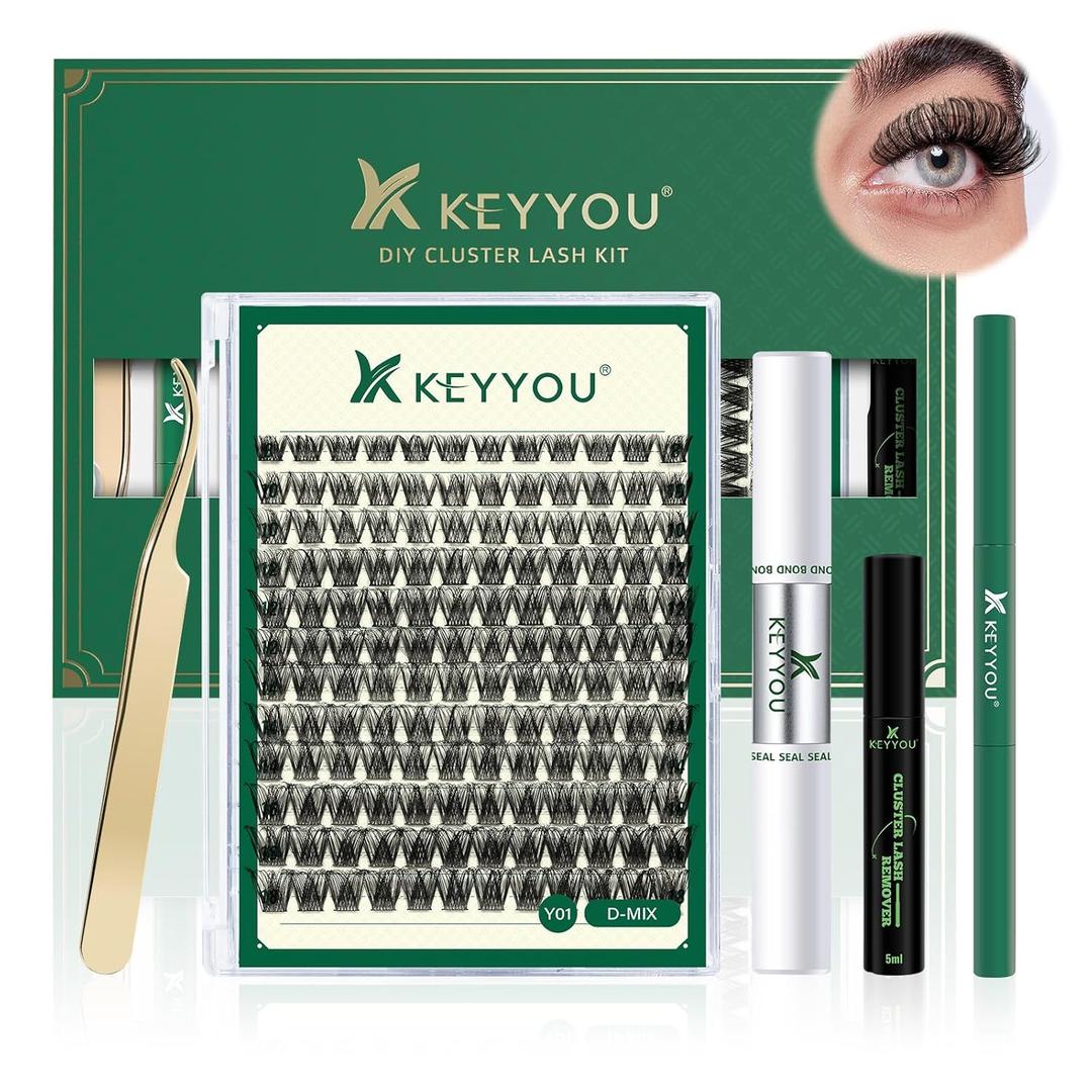 DIY Lash Extension Kit KEYYOU 144pcs Lash Clusters Eyelash Extension Kit with Mascara Brush Bond and Seal Lash Glue Remover Lash Applicators Lash Brush Clean Pad for DIY Lash Extensions (Y01 Kit)