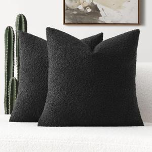 FUTEI Pack of 2 Black Decorative Throw Pillow Covers 16x16 Inch Soft Cozy Solid Boucle Textured Cushion Case,Modern Home Decor for Couch Bed Living Room