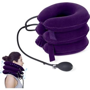 Cervical Traction Device for Neck Pain Relief, Adjustable & Inflatable Neck Stretcher Cervical Neck Pillow, Neck Traction Device Brace for Neck Decompression (Purple)