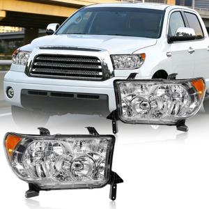 Headlight Assembly, Headlights Kit Compatible with 2007-2013 Toyota Tundra/2008-2017 Sequoia Replacement Headlamp Chrome Housing Amber Reflector
