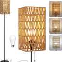 Floor Lamp for Living Room, Farmhouse Rattan Floor lamp, Modern Standing lamp with Hand-Worked Rattan Shade, Black Tall Lamp with Chain Switch (Square Shade)