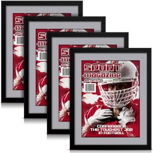 Geetery 4 Pcs Sports Magazine Frame for Wall Fits Measuring 8.5 x 11.25" Magazine Display Frame with Installed Hangers and Core Matting Plastic Comic Book Frames for Wall Hanging(Black, Grey Mat)