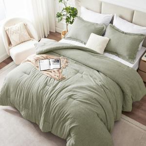 CozyLux Queen Size Comforter Set - 3 Pieces Olive Green Soft Luxury Cationic Dyeing Bedding Comforter for All Season, Breathable Lightweight Fluffy Boho Bed Sets with 1 Comforter and 2 Pillow Shams