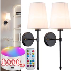 Battery Operated Wall Sconce Light with Remote Control, Dimmable Wall Sconce Set of 2 with White Fabric Shade, Wireless Battery Operated Wall Lamp for Bedroom Living Room, Bulb Included (Black)