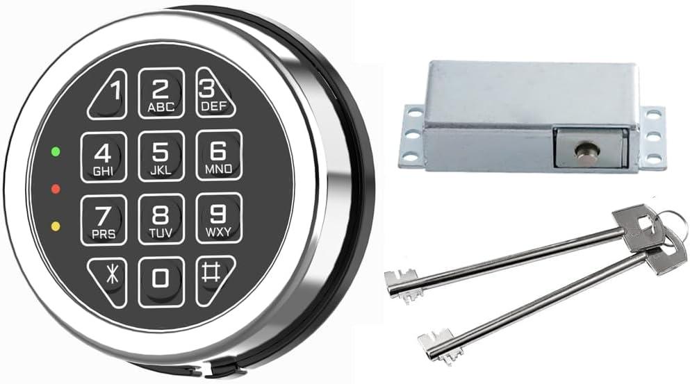 Gun Safe Lock Replacement Solenoid Lock with 2 Override Keys Chrome Digital Keypad DIY Safe Electronic, Reset Cable, Circuit Board Lock