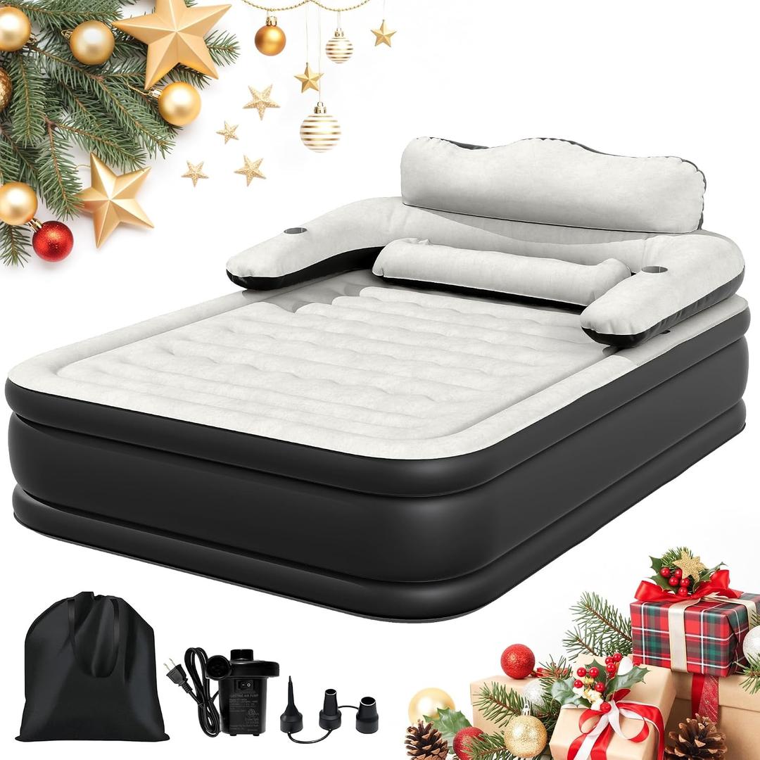 DWVO FullXL Size Air Mattress with Headboard & Cup Holders, Blow Up Bed with Built-in Pump & Carry Bag, Fast Inflation Air Bed for Home, Guests & Camping, 80" x 53" x 18", Gray