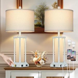 Cinkeda 27" Tall Vintage Table Lamp Set of 1 with USB C+A & Outlet,Nightstand Lamp for Living Room,Bedside Lamps with Frosted Glass Night Light for Bedroom Entryway,White