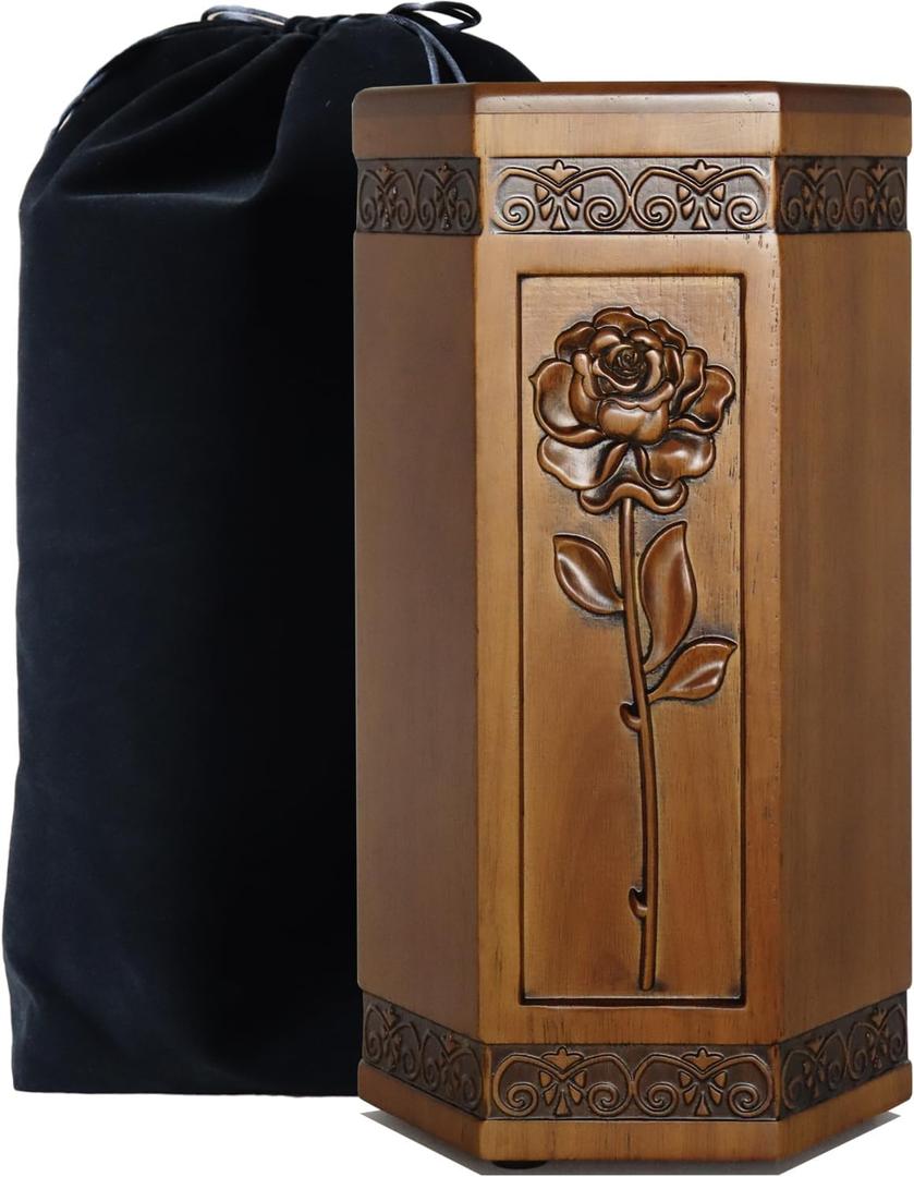 Urns for Wooden, Cremation Urn for Human Ashes Adult - Hand Engraving Rose Flower - Funeral Urn for Mother/Dad - Display Burial at Home or in Niche at Columbarium (Large Wood Decorative Urn