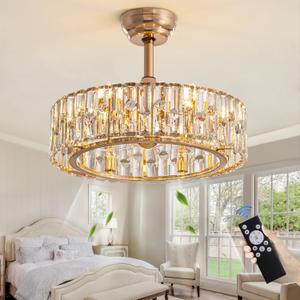 Siljoy 20'' Gold Caged Crystal Ceiling Fan with Light, Modern Bladeless Chandelier Fan with Remote, 6 Speeds, Noiseless DC Motor, Enclosed Fandelier for Living Room Bedroom Nursery (19.7 Inch, Downrod Mount)