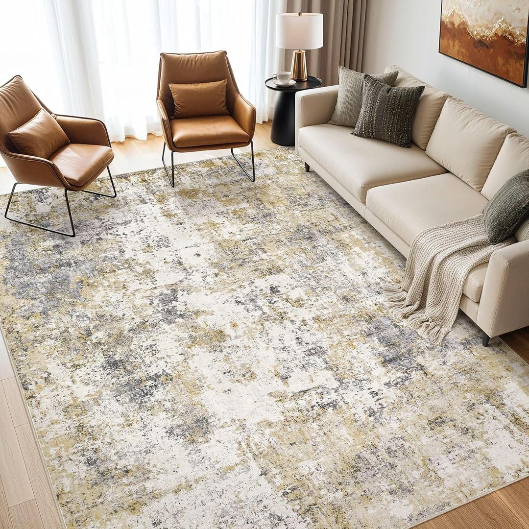 Area Rugs for Living Room: 9X12 Large Soft Washable Rug Modern Abstract Non-Slip Backing Stain Resistant Carpet for Bedroom Dining Room or Home Office Home Decor -Gray Gold