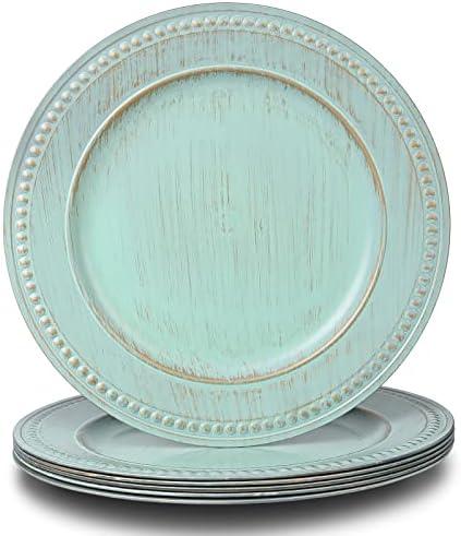 13" Vintage Charger Plates, Turquoise Beaded Chargers for Dinner Plates Set of 6, Reusable Decorative Charger Plate Set Bulk Wedding, Suitable for Easter, Anniversaries, Valentine's Day, Baby Shower