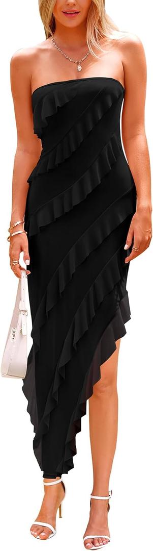 PRETTYGARDEN Womens Spring Cocktail Dresses 2026 Strapless Bodycon Ruffle Elegant Summer Wedding Guest Graduation Midi Dress (Black, L)