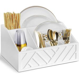 Large Kitchen Utensil Holder Caddy, 6 Compartments Wooden Utensils Organizer for Cooking Utensils, Silverware, Paper Plate, Spoon, Fork, Cutlery Storage on Kitchen Countertop for Party Hosting, White