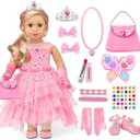 American 18 inch Girl Doll Clothes and Accessories - Princess Dress, Crown, Necklace, Lipstick, Makeup Palette, Nail Kit, Satchel, Gloves, Shoes, Sticky Rhinestones,Hair (No Doll)