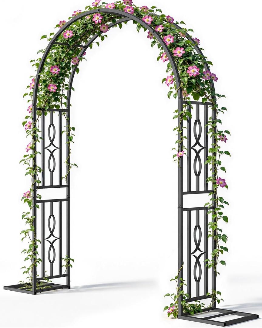 Metal Garden Arch, Heavy Duty Garden Trellis for Climbing Plants, with Enlarged Base for Stability, Ideal for Wedding Arches & Party Decorations, 55" W x 87" H (Black)