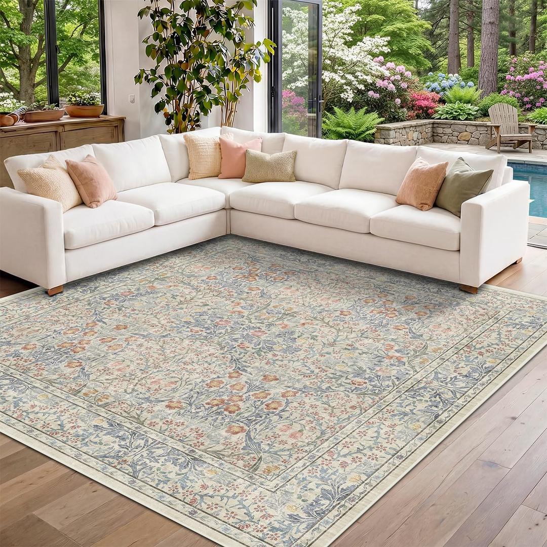 Hazo Haus Beige Blue Area Rug for Living Room - Square 8x8 Boho Rugs for Dining Room, Kids Room, Bedroom, Non Slip Washable Botanical Floral Décor (8x8 Beige Blue)