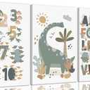 ZLXARTLA Dinosaur Alphabet Numbers Canvas Wall Art Kids Reading Room Wall Decor Pictures Nursery Prints Game Room Painting Artwork for Kids Room Playroom Classroom Reading Nook 12x16in