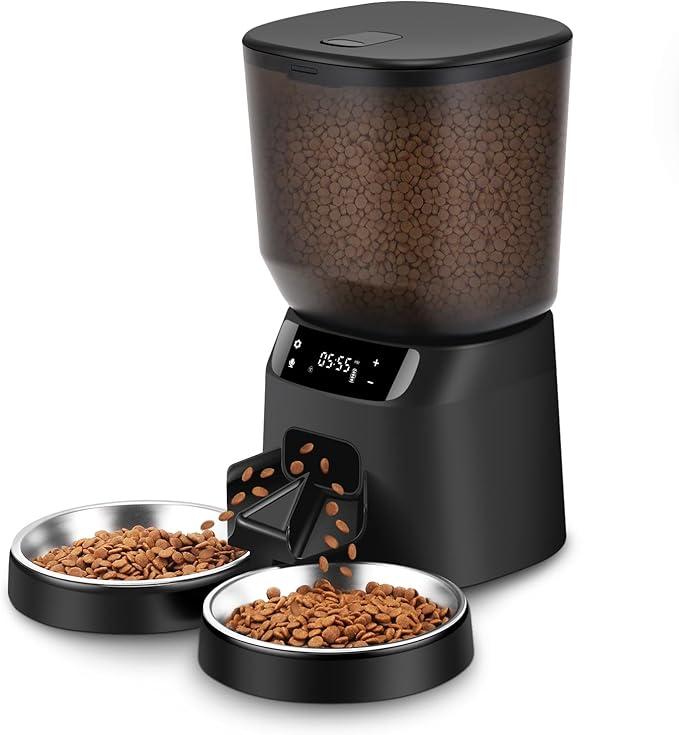 Automatic Cat Feeders for One Cat, 5L/20 Cups Double Automatic Cat Food Dispenser with Stainless Bowl, Timer Setting 20 Portions 6 Meals Per Day, 10s Meal Call, Pet Feeder for Dog (Black, 5L)