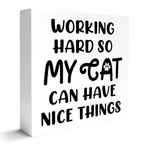 Cat Lover Decor Wooden Box Sign, Funny Cat Desk Decoration for Home, Working Hard, Cat Lover Gifts for Women Men, Cat Mom Cat Dad Cat Owner Gifts