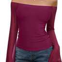 REORIA Off The Shoulder Tops for Women Tube Double Lined Mesh Going Out Shirts 2025 Fall Fashion Trendy Tops Wine Red Large