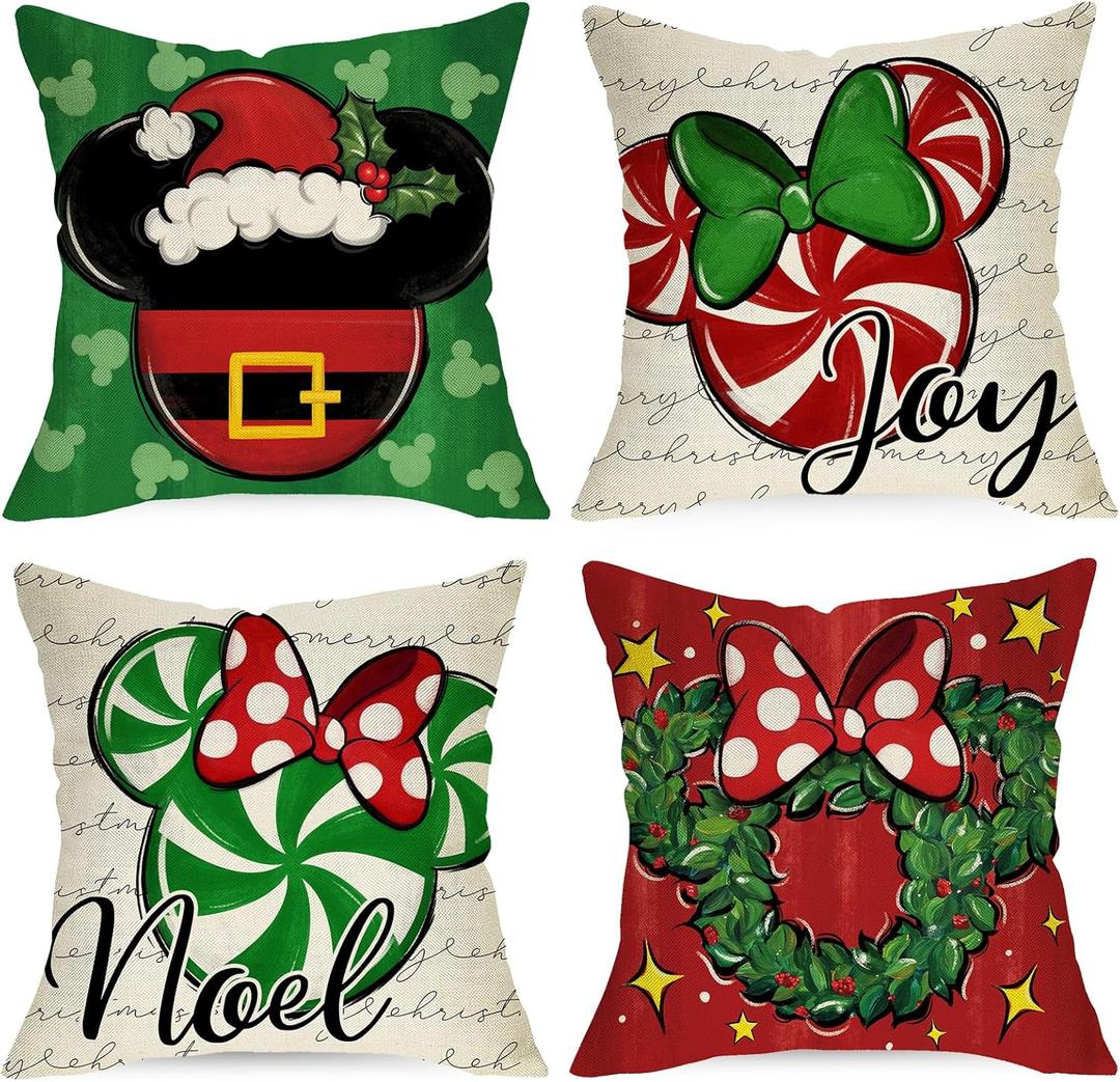 Merry Christmas Decorative Throw Pillow Covers 20 x 20 Set of 4, Xmas Candy Wreath Red Green Bow Cushion Case Decor, Noel Joy Winter Holiday Farmhouse Home Sofa Couch Decoration