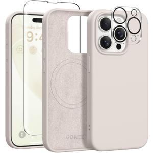 GONEZ for iPhone 15 Pro Max Case Silicone, Compatible with Magsafe, Camera Protector + Screen Protector, Soft Anti-Scratch Microfiber Lining, Liquid Silicone Shockproof Phone Cover, Stone