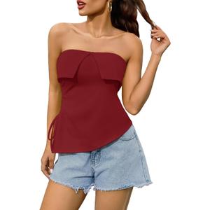 Women Tube Tops Trendy Summer Going Out Strapless Backless Bustier Drawstring Ruched Side Split Asymmetrical Bandeau Shirt (Red, XL)